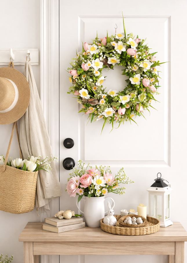 Coroniță florală „Spring Meadow” – decor natural cu flori albe, galbene și accente verzi