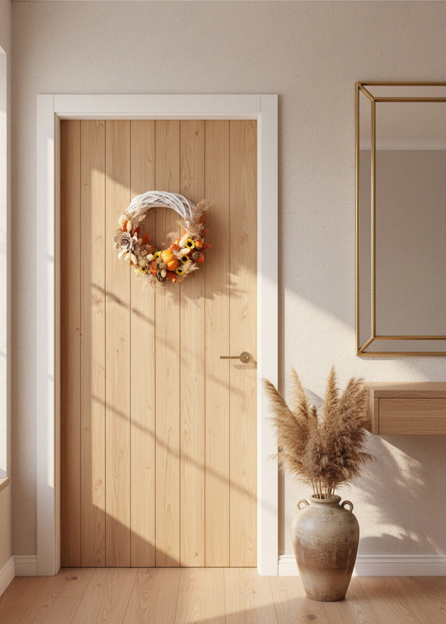 Coroniță Handmade „Autumn Whispers” – Aranjament Floral pe Bază de Răchită Albă cu Dovleci, Floarea-Soarelui Mică și Spice