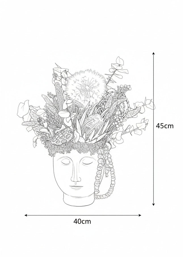 Aranjament Floral „Statue of Muse” în Vas Sculptural – Decor Artizanal cu Protea Albă, Flori Uscate și Accente Boho-Chic