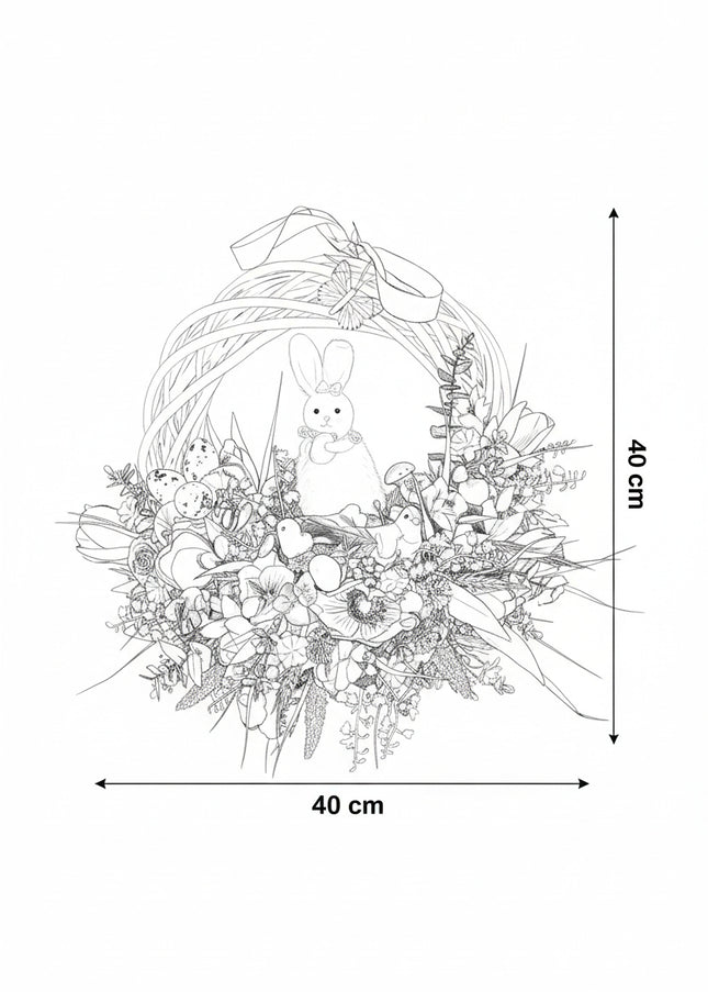 Coroniță florală de Paște „Easter Nest” – decor festiv cu iepuraș, flori și accente naturale