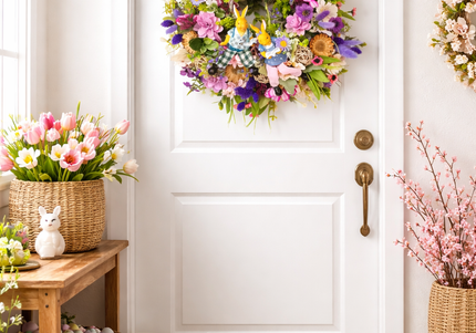 Coroniță de Paște „Spring Bunny Duo” – decor vesel cu iepurași și flori pastelate