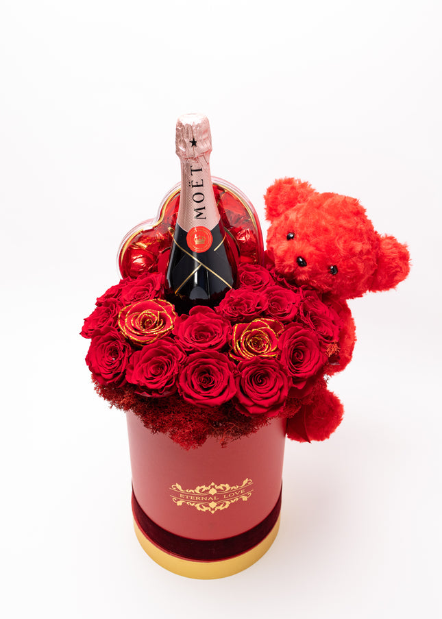 Aranjament Lux 19 Trandafiri Criogenați, Moët, Ursulet & Praline