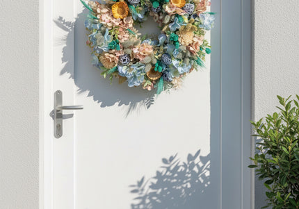 Coroniță Florală „Azure Serenity” – Aranjament Handmade cu Hortensii Bleu, Flori de Lemn și Accente de Lagurus