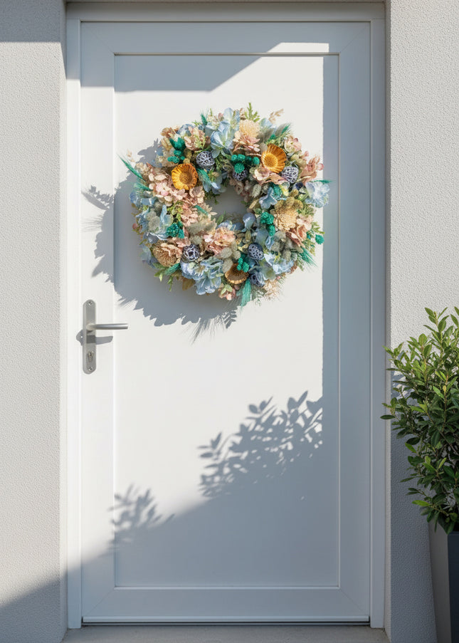 Coroniță Florală „Azure Serenity” – Aranjament Handmade cu Hortensii Bleu, Flori de Lemn și Accente de Lagurus