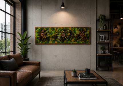 Tablou Biophilic Vertical „Golden Forest” – Panou Handmade cu Mușchi Stabilizați și Accente Botanice Premium