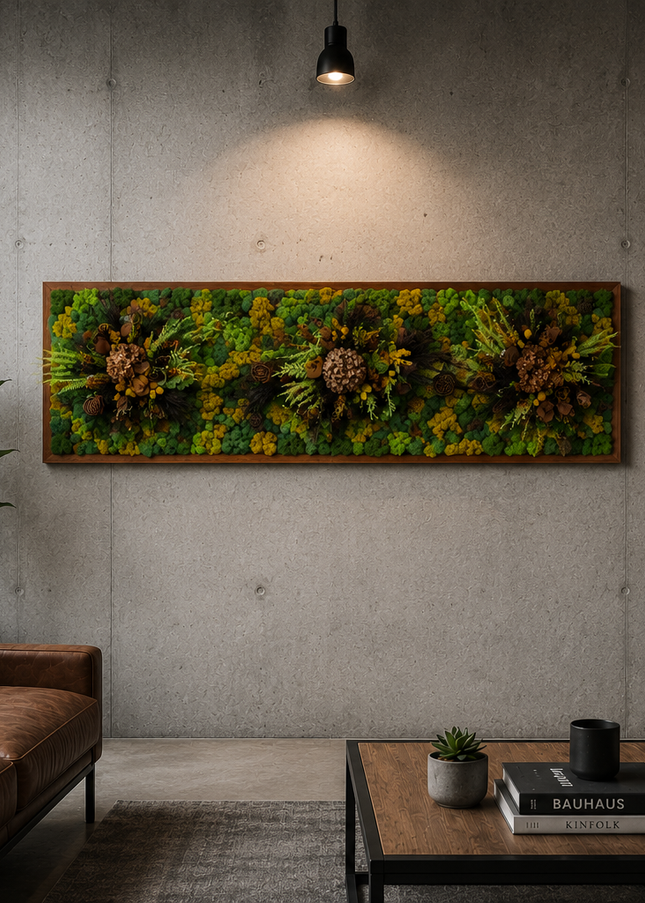 Tablou Biophilic Vertical „Golden Forest” – Panou Handmade cu Mușchi Stabilizați și Accente Botanice Premium