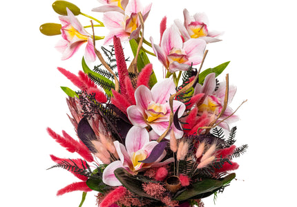 Aranjament floral „Pink Aura” în vas ceramic – orhidee roz și accente decorative
