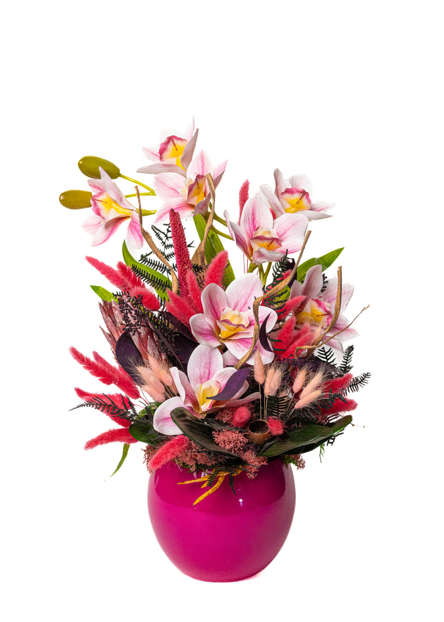 Aranjament floral „Pink Aura” în vas ceramic – orhidee roz și accente decorative