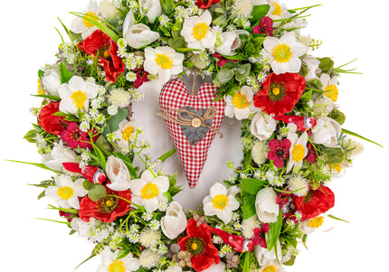 Coroniță florală de Paște „Spring Heart” – decor festiv cu flori albe, roșii și inimă decorativă