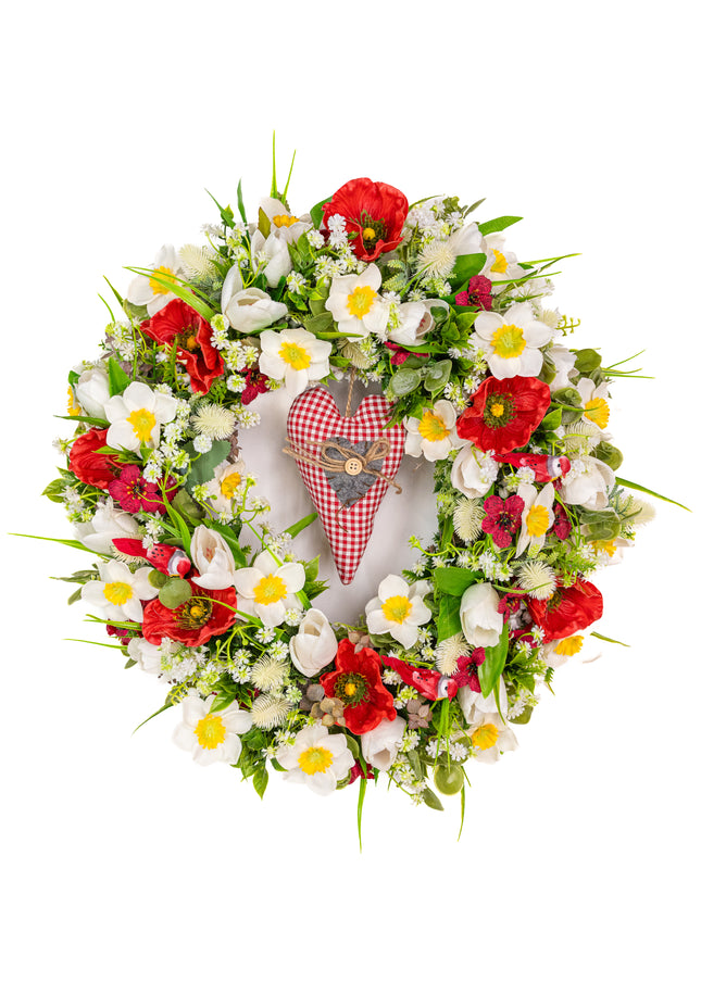 Coroniță florală de Paște „Spring Heart” – decor festiv cu flori albe, roșii și inimă decorativă