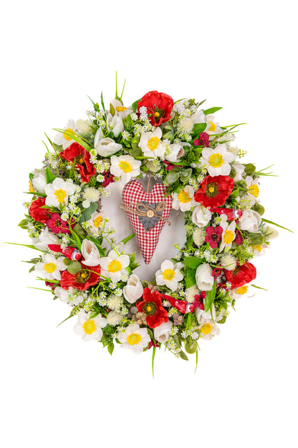 Coroniță florală de Paște „Spring Heart” – decor festiv cu flori albe, roșii și inimă decorativă