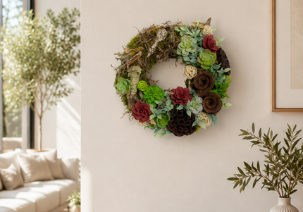 Coroniță decorativă „Rustic Bloom” – decor natural cu accente burgundy
