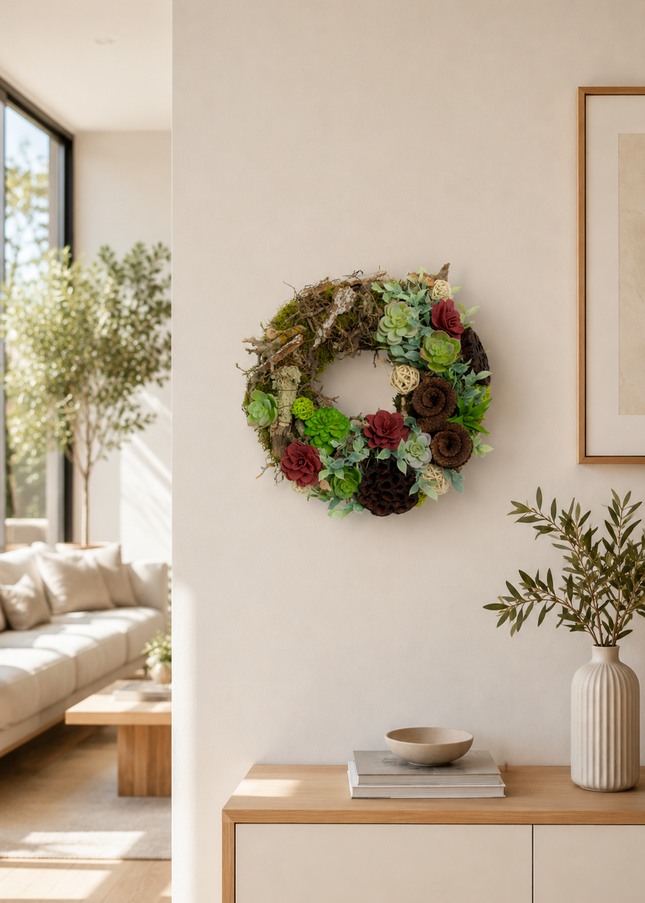Coroniță decorativă „Rustic Bloom” – decor natural cu accente burgundy