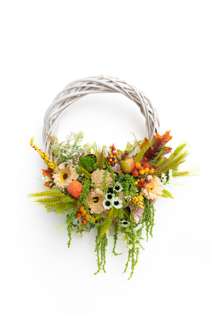 Coroniță Florală „Autumn Harvest” – Aranjament Handmade pe Bază de Răchită Albă, Design Bogat cu Plante Uscate