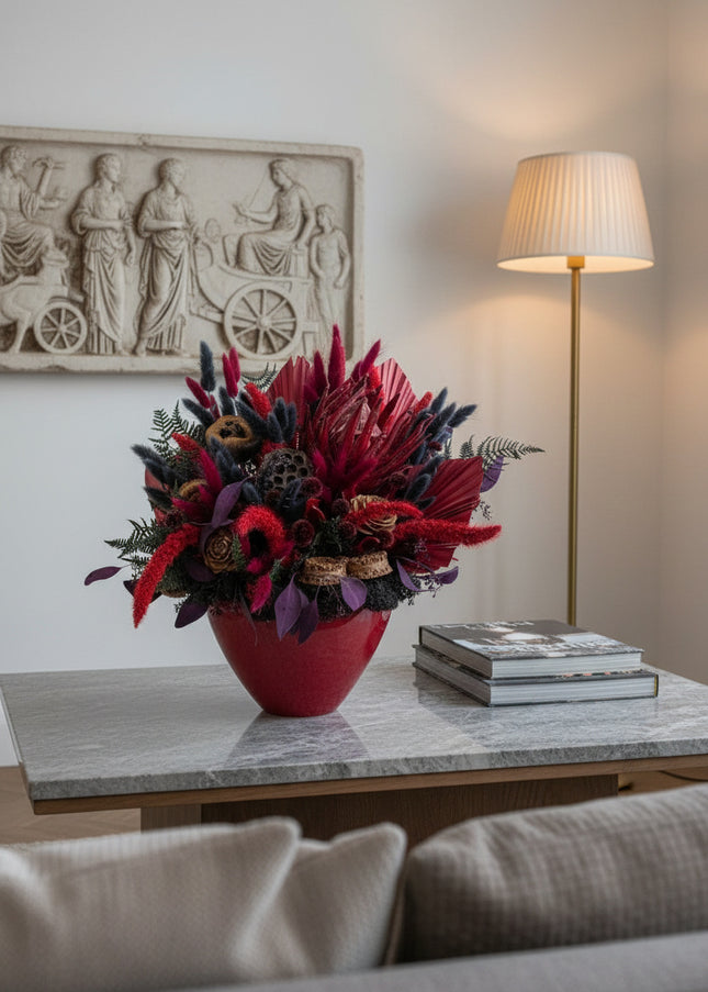 Aranjament Floral „Scarlet Royalty” în Vas Bordo – Compoziție Luxury cu Protea King, Evantai Palmier și Accente Negru Abis