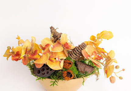 Aranjament Floral „Golden Orchid” în Vas Ceramic – Compoziție cu Orhidee Galbene, Licheni și Elemente Naturale Conservate