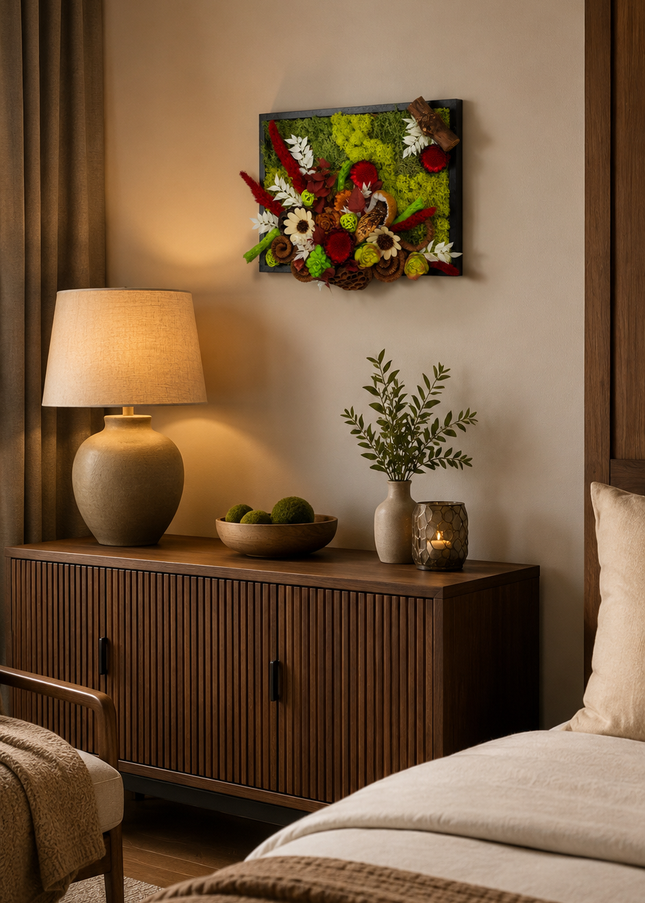 Tablou decorativ „Crimson Garden” – compoziție în tonuri de roșu și verde