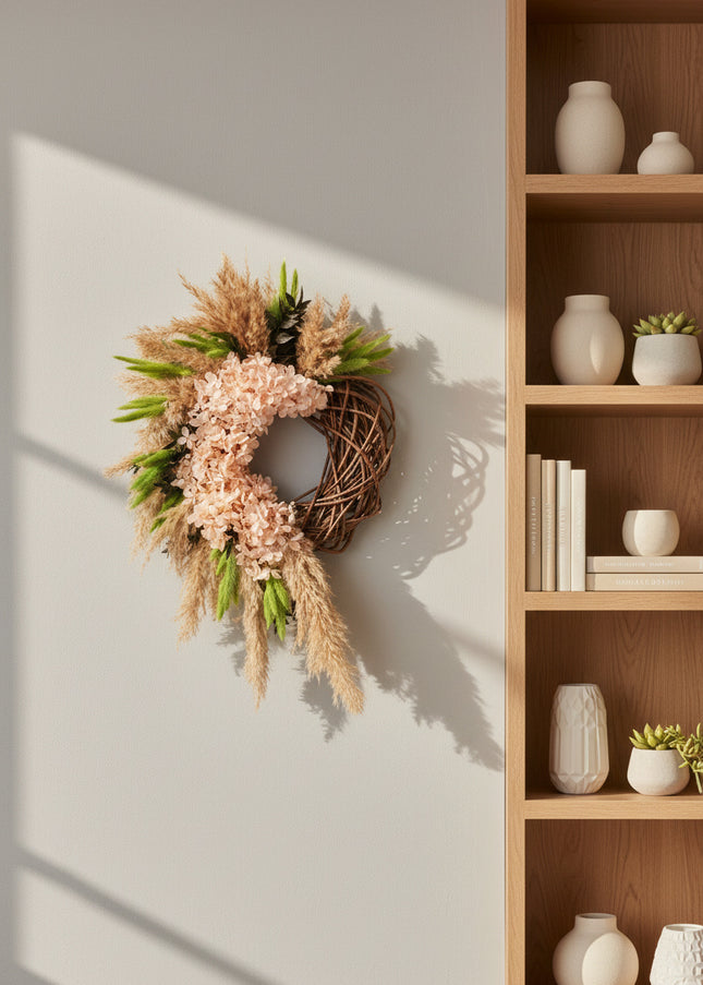 Coroniță Decorativă Handmade „Blush Willow Wreath” – Aranjament din Nuiele, Flori de Hortensie și Ierburi de Păpădie