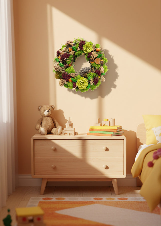 Coroniță Handmade „Forest Keeper” – Decor Artizanal din Licheni Stabilizați cu Arici, Ciupercuțe și Flori Verzi