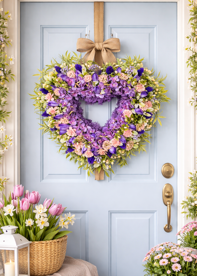 Coroniță florală „Lavender Heart” – decor elegant cu flori mov și accente pastel