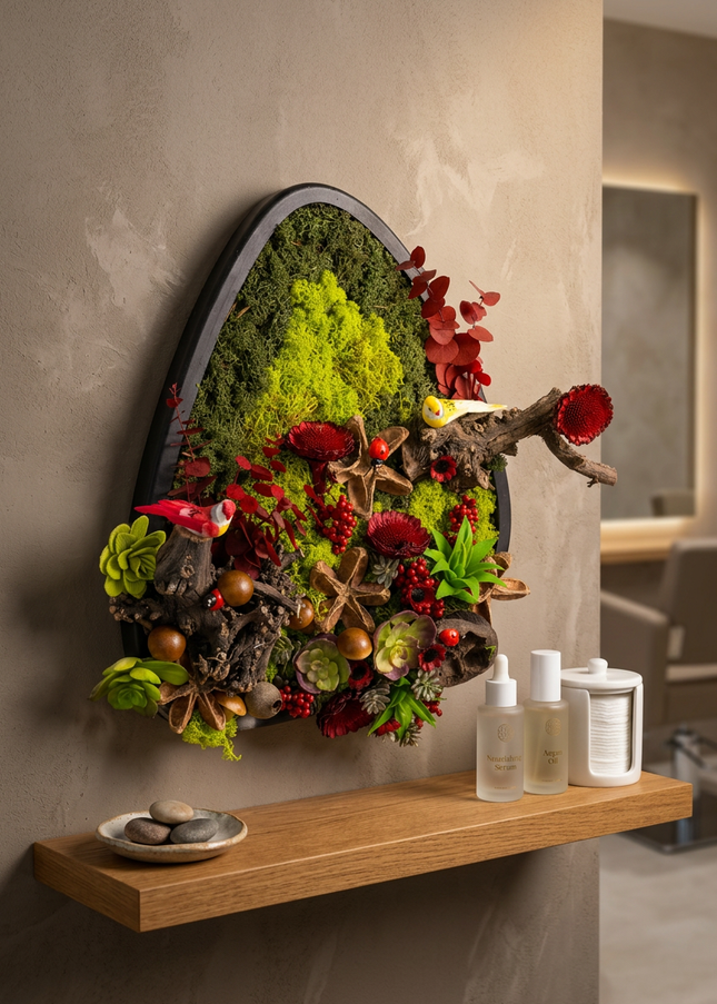 Tablou „Crimson Grove” cu licheni stabilizați și accente roșii – decor natural cu elemente botanice