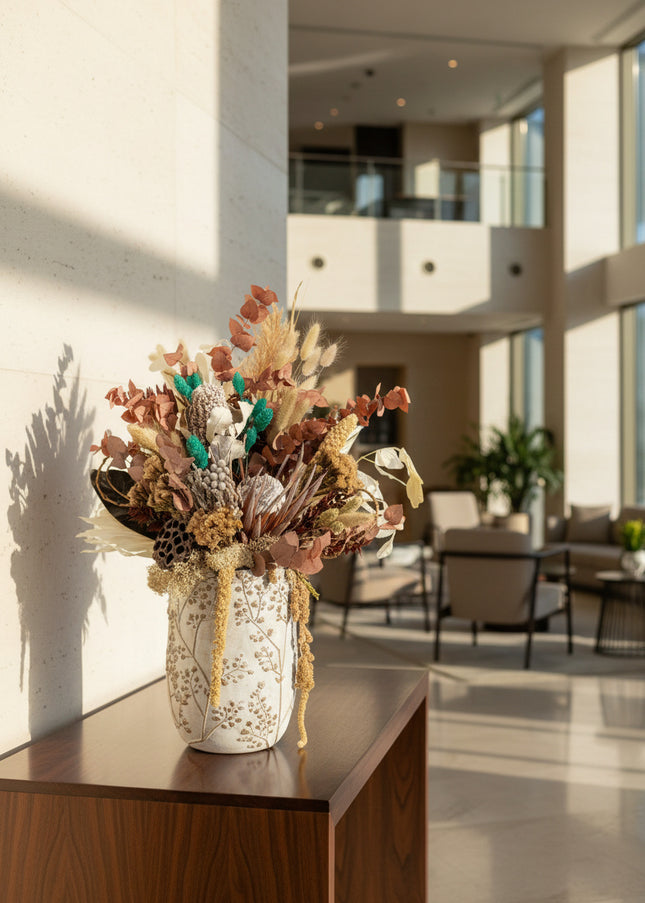 Aranjament Floral „Boho Azure” în Vază Ceramică Texturată – Compoziție Handmade cu Protea, Eucalipt Arămiu și Accente Turcoaz