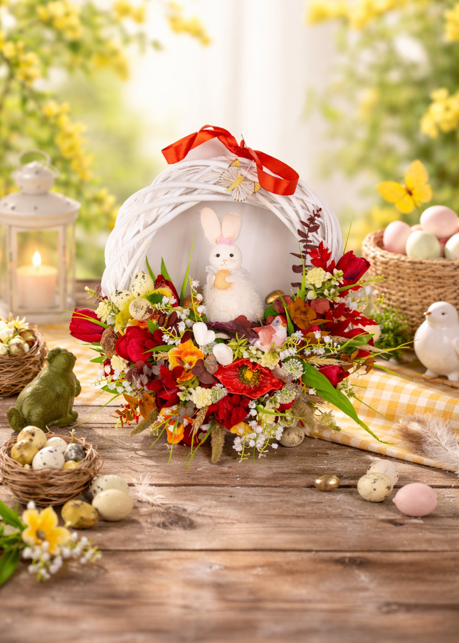 Coroniță florală de Paște „Easter Nest” – decor festiv cu iepuraș, flori și accente naturale