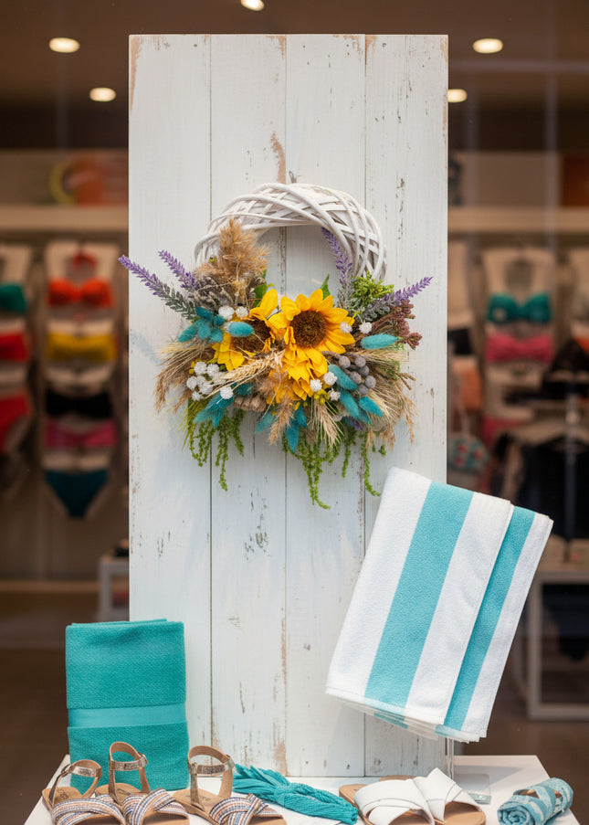 Coroniță Handmade „Sun-Kissed Garden” – Aranjament Floral cu Floarea-Soarelui și Lagurus Turcoaz pe Răchită Albă
