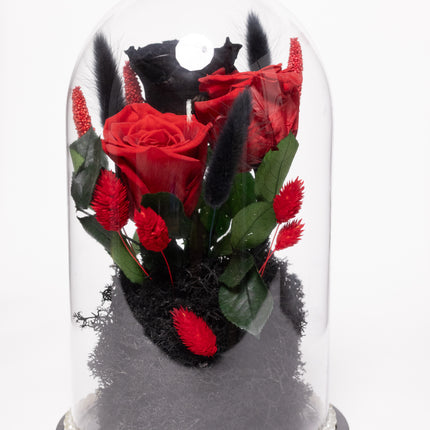 Cupolă Lux 3 Trandafiri Criogenați (Roșu & Negru) cu Perle
