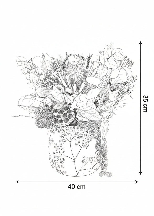 Aranjament Floral „Ivory & Earth” în Vas Ceramic Texturat – Compoziție Handmade cu Protea Albă, Lotus și Elemente Botanice Conservate