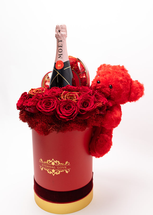 Aranjament Lux 19 Trandafiri Criogenați, Moët, Ursulet & Praline