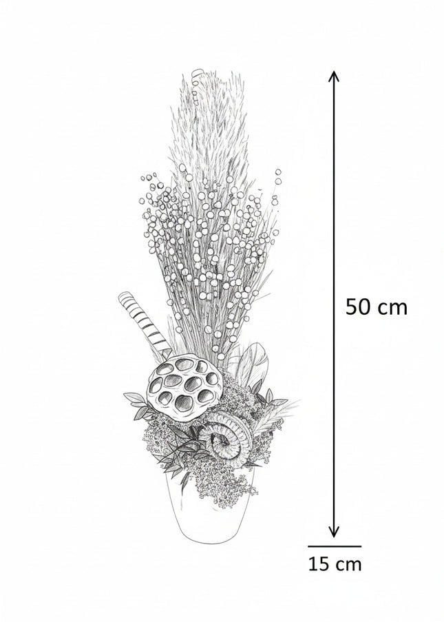 Aranjament Floral „Harvest Whisper” în Vas Galben – Compoziție Verticală cu Plante Uscate de Câmp, Lotus și Licheni