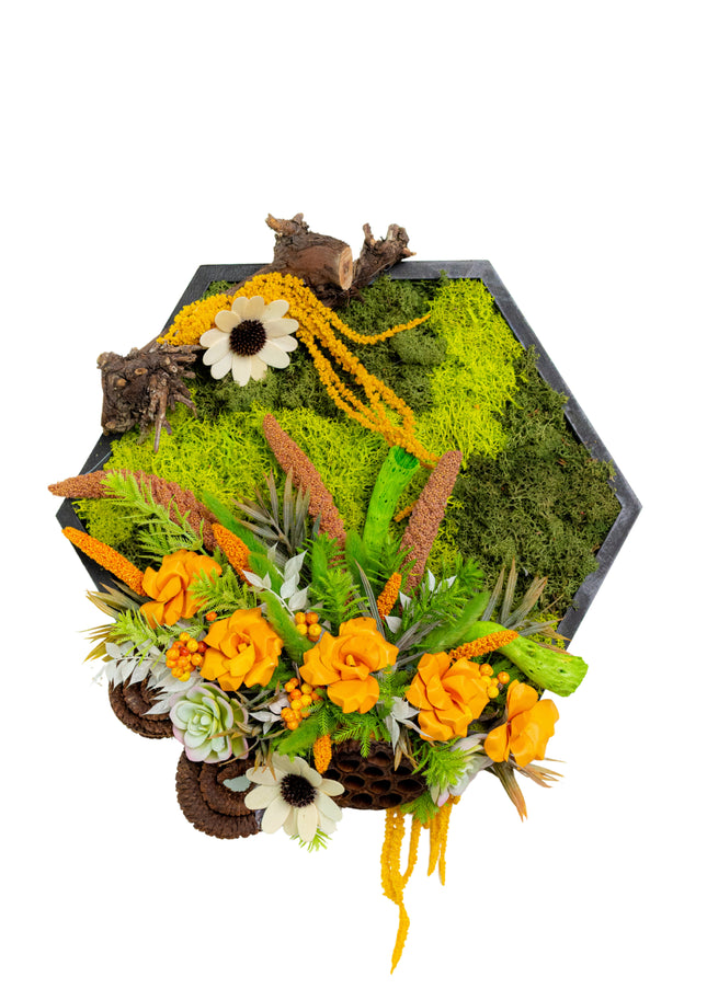 Tablou decorativ „Amber Garden” – cu mușchi și flori