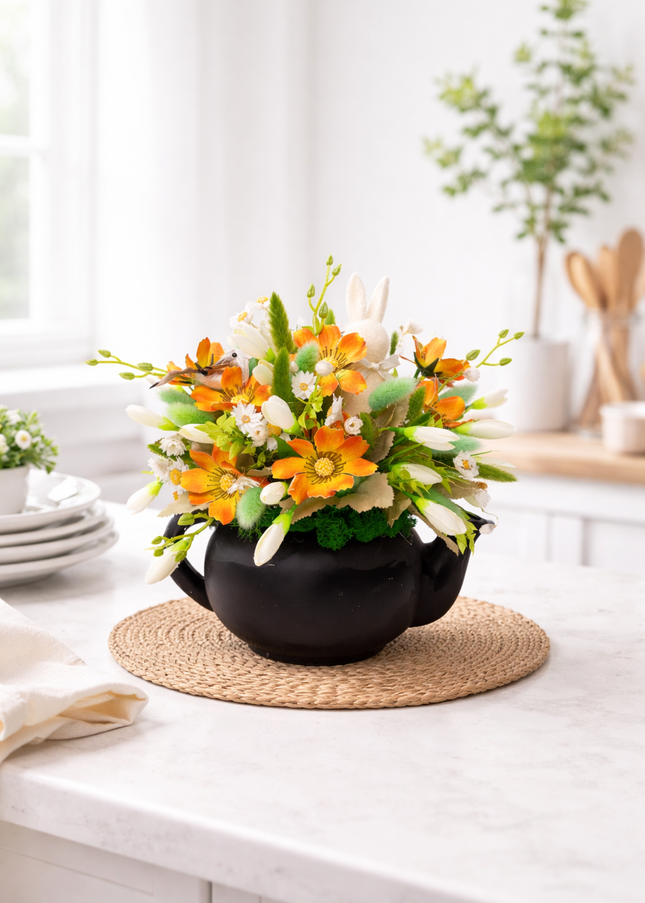 Aranjament de Paște „Spring Teapot” – decor floral în ceainic cu accente naturale