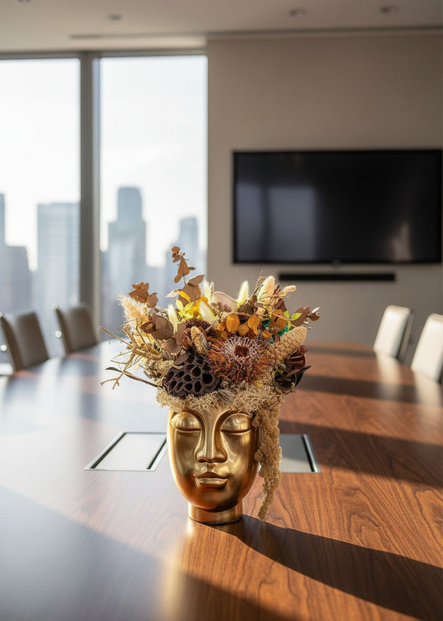 Aranjament Floral „Earthly Muse” în Vas Sculptural Auriu – Creație Handmade cu Banksia, Lotus și Texturi Organice Neutre