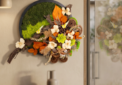 Tablou „Forest Whisper” cu licheni stabilizați și flori uscate – decor natural cu accente rustice