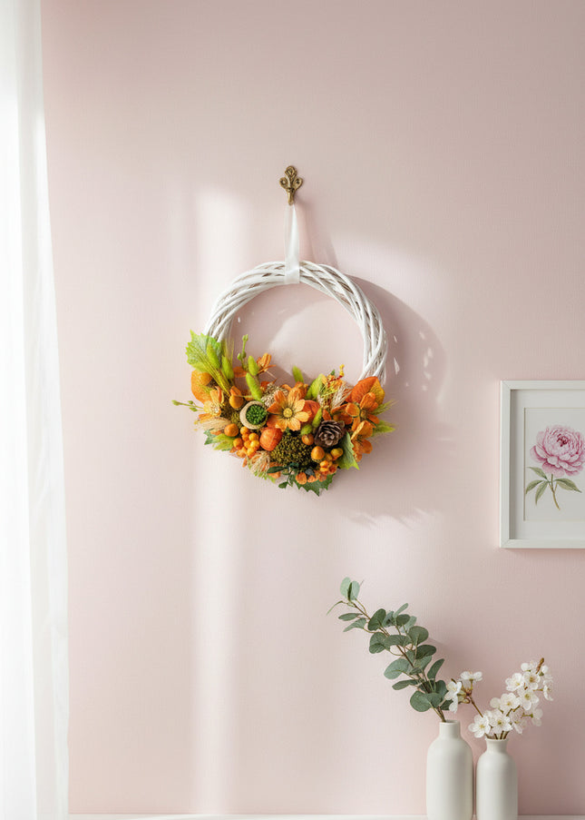 Coroniță Handmade „Autumn Glow” – Aranjament Floral pe Bază de Răchită Albă cu Flori de Dovleac și Spice