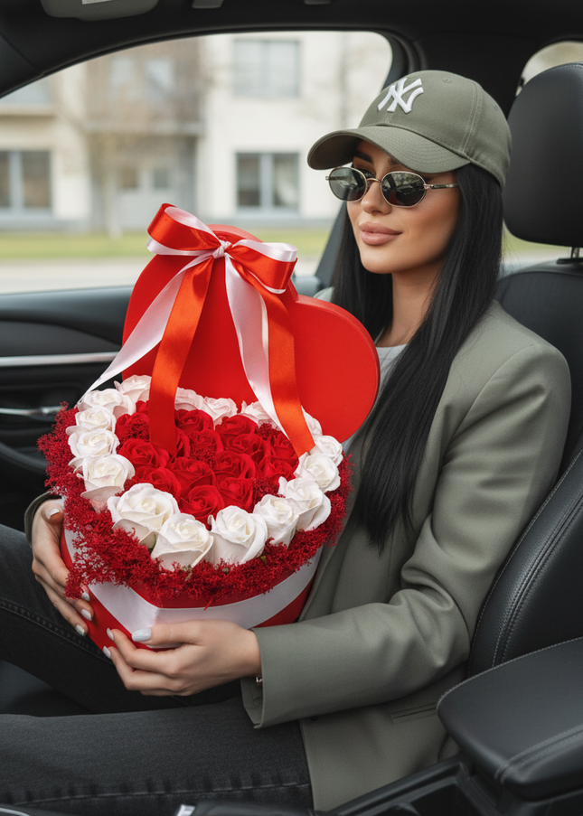 Aranjament Inimă Lux Trandafiri Săpun Roșu-Alb & Fundă