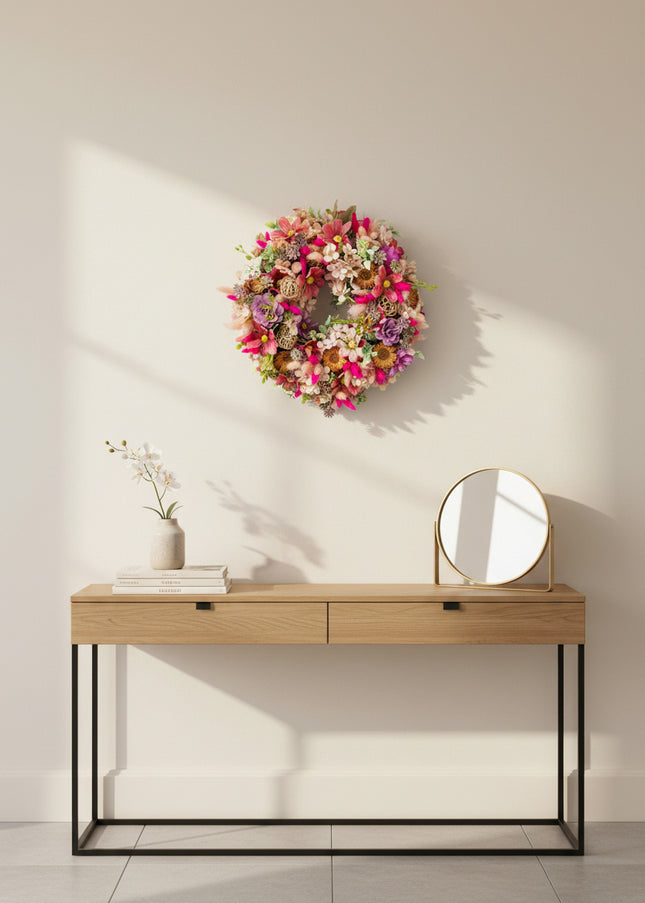 Coroniță Florală „Wildflower Celebration” – Aranjament Handmade Bogat cu Flori Uscate, Criogenate și Accente Boho