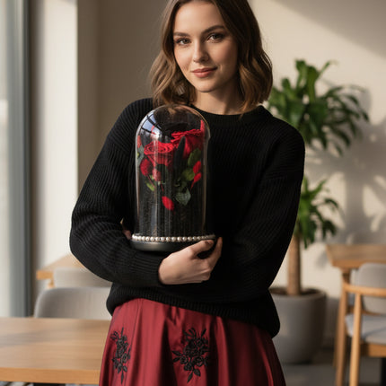 Cupolă Lux 3 Trandafiri Criogenați (Roșu & Negru) cu Perle