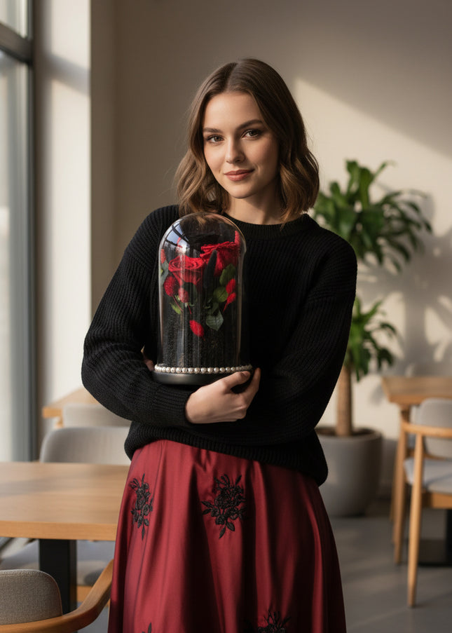 Cupolă Lux 3 Trandafiri Criogenați (Roșu & Negru) cu Perle