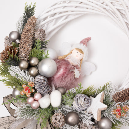 Coroniță Crăciun "Silver Angel" pe Lemn Natural Alb