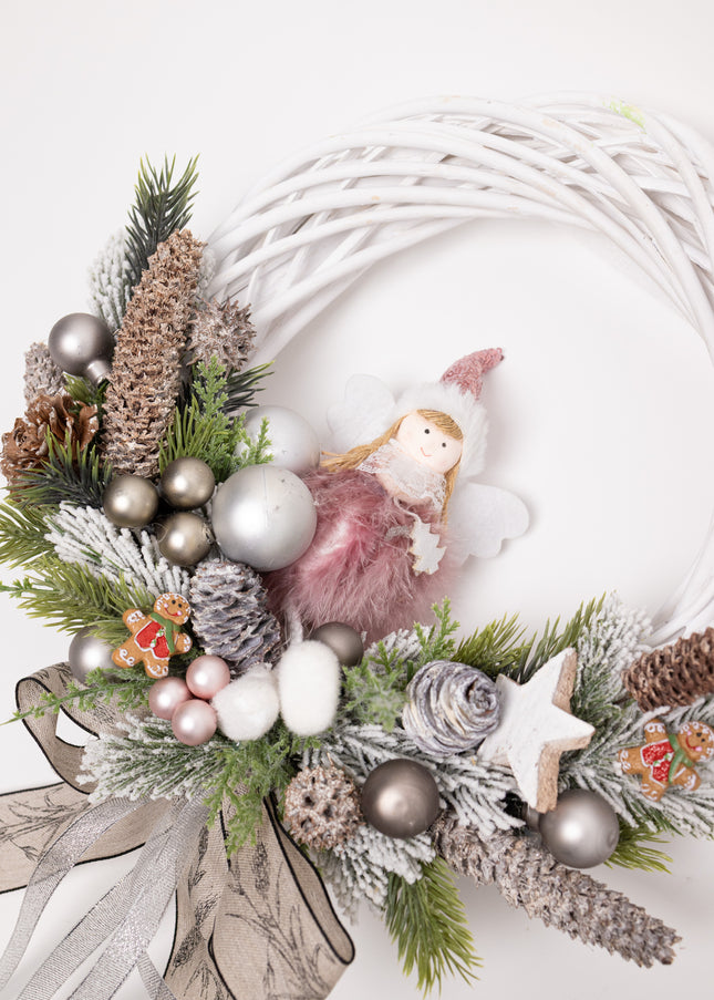 Coroniță Crăciun "Silver Angel" pe Lemn Natural Alb