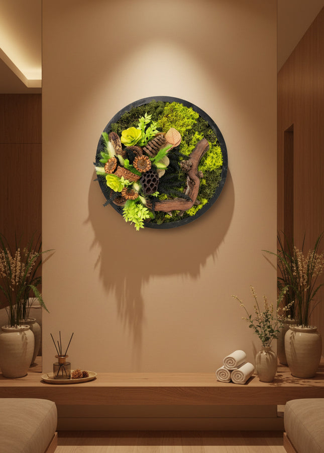 Tablou Biophilic Circular „Emerald Orb” – Panou Decorativ Handmade cu Mușchi, Licheni și Relief de Pădure