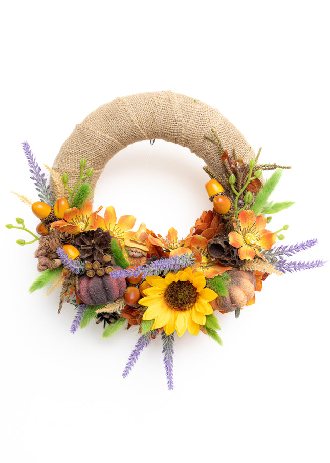 Coroniță Florală Handmade „Autumn Sun” – Aranjament pe Bază de Iută cu Floarea-Soarelui, Dovleci și Lavandă