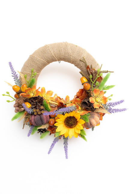 Coroniță Florală Handmade „Autumn Sun” – Aranjament pe Bază de Iută cu Floarea-Soarelui, Dovleci și Lavandă
