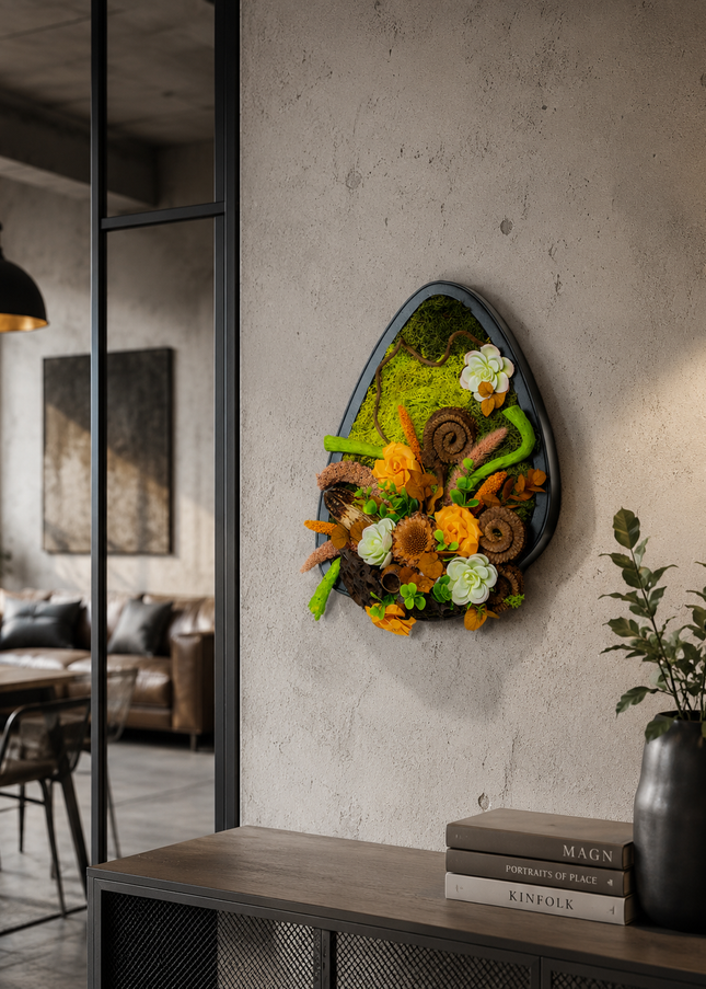 Tablou decorativ „Botanical Nest” – compoziție naturală cu mușchi și flori
