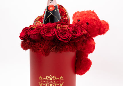 Aranjament Lux 19 Trandafiri Criogenați, Moët, Ursulet & Praline