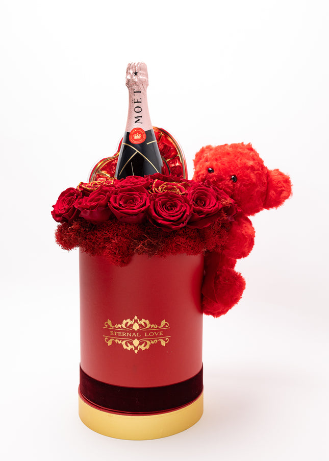 Aranjament Lux 19 Trandafiri Criogenați, Moët, Ursulet & Praline