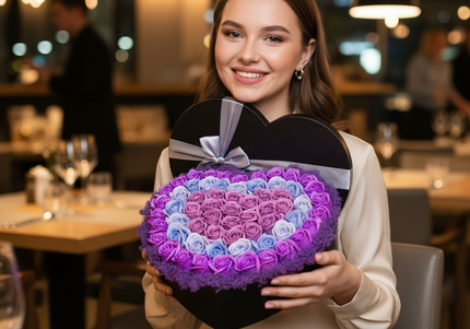 Cutie Inimă Neagră Lux Trandafiri Mov-Albastru